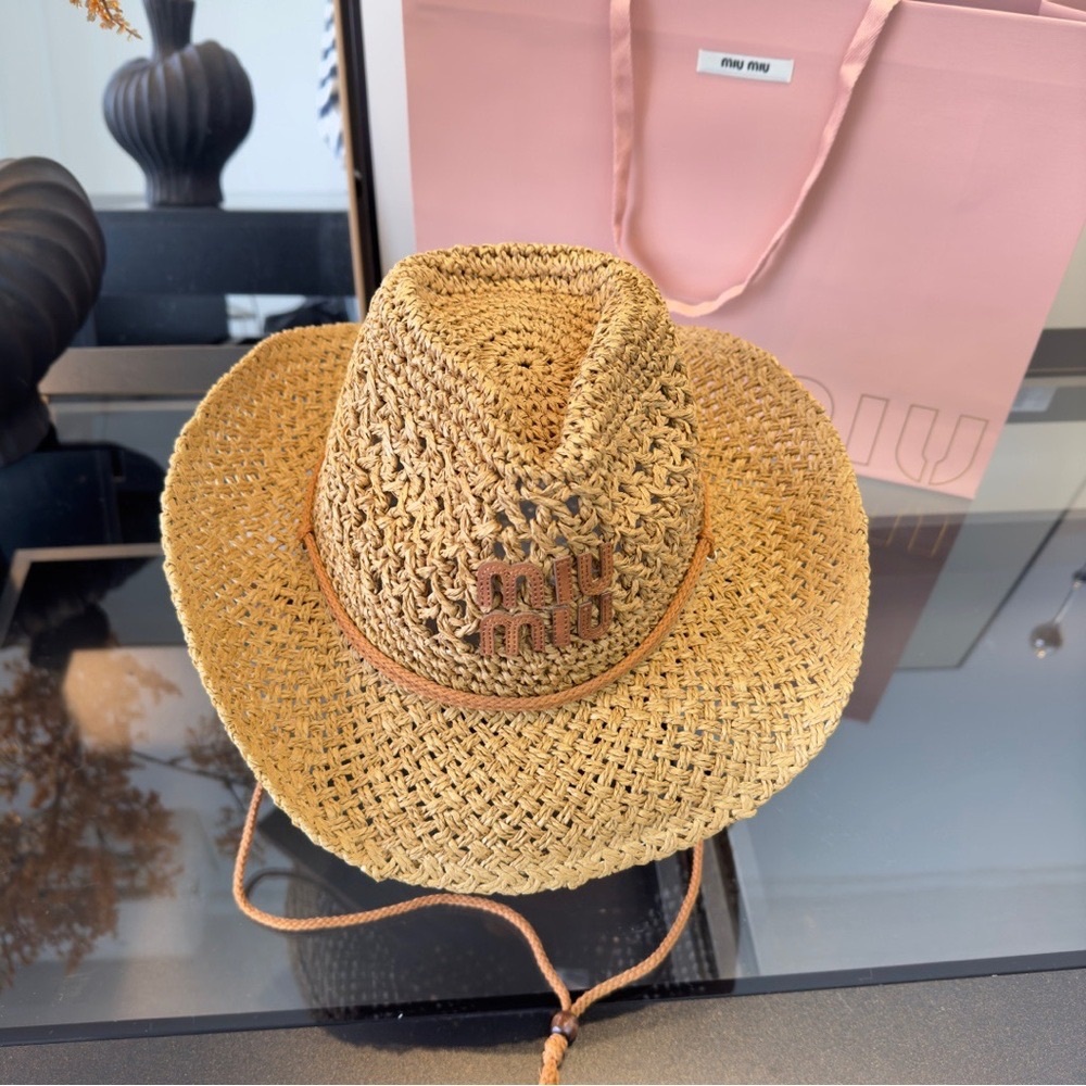 Miu Miu Raffia Straw Cowboy Hat w/ Logo - Picture 5 of 8